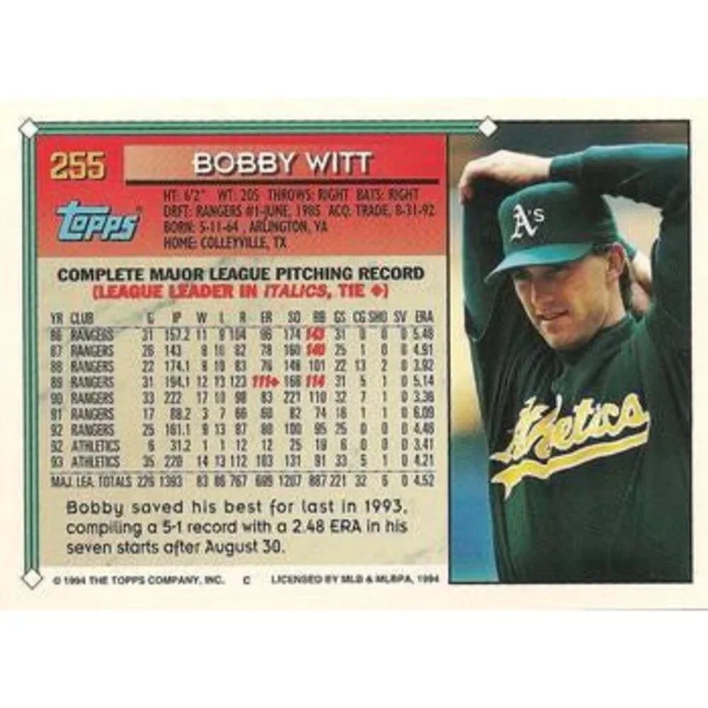 1994 Topps Bobby Witt # 255 Oakland Athletics